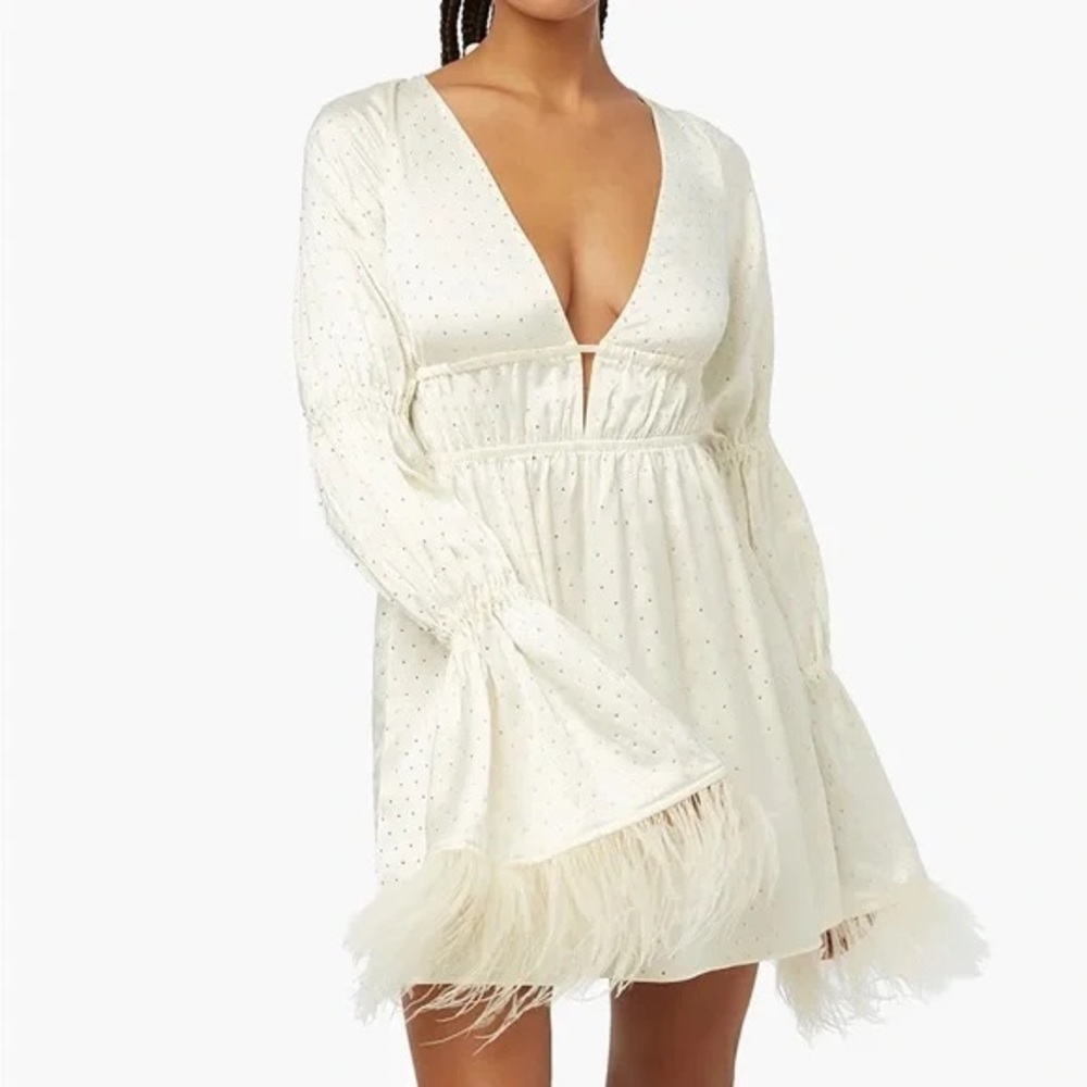 WeWoreWhat Ivory Mini Dress - Feather Sleeves & Rhinestones